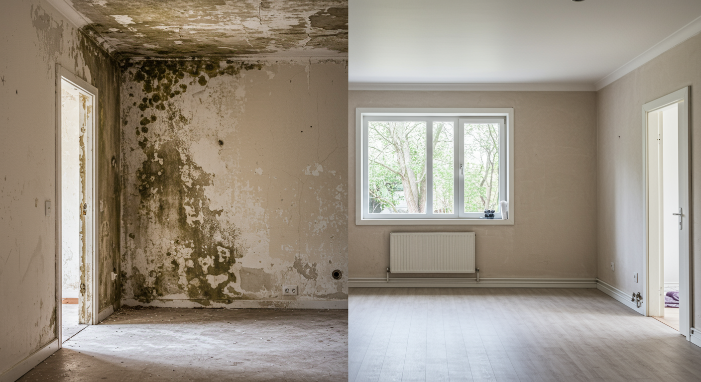 A split image showcasing a room before and after mold removal. The left side shows visible mold on walls, while the right side displays a clean, restored space.