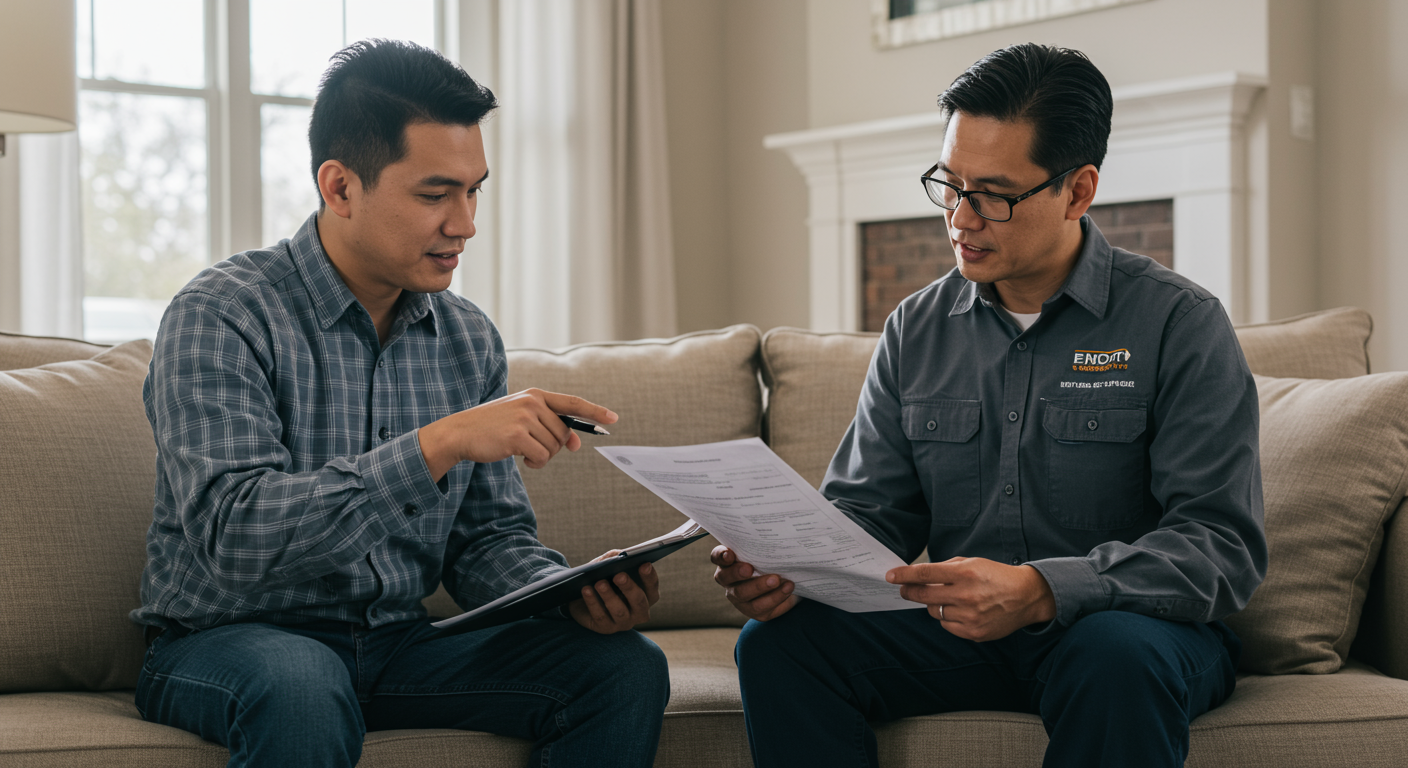A homeowner discussing with a mold removal contractor in a well-lit living room. They are reviewing documents and looking at a mold inspection report, showcasing a professional consultation.