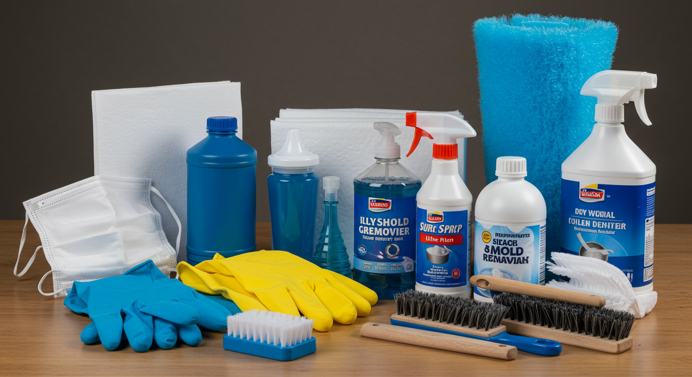 A well-organized display of essential tools and materials for DIY mold removal, including gloves, masks, cleaning solutions, and brushes. The setting is a clean, well-lit workspace, conveying readiness for action.