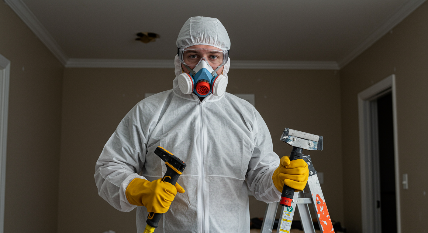 A homeowner dressed in full safety gear, including a mask, goggles, and gloves, stands in a room with a ladder and tools ready for popcorn ceiling removal. The focus is on the homeowner's determined expression as they prepare for the task.