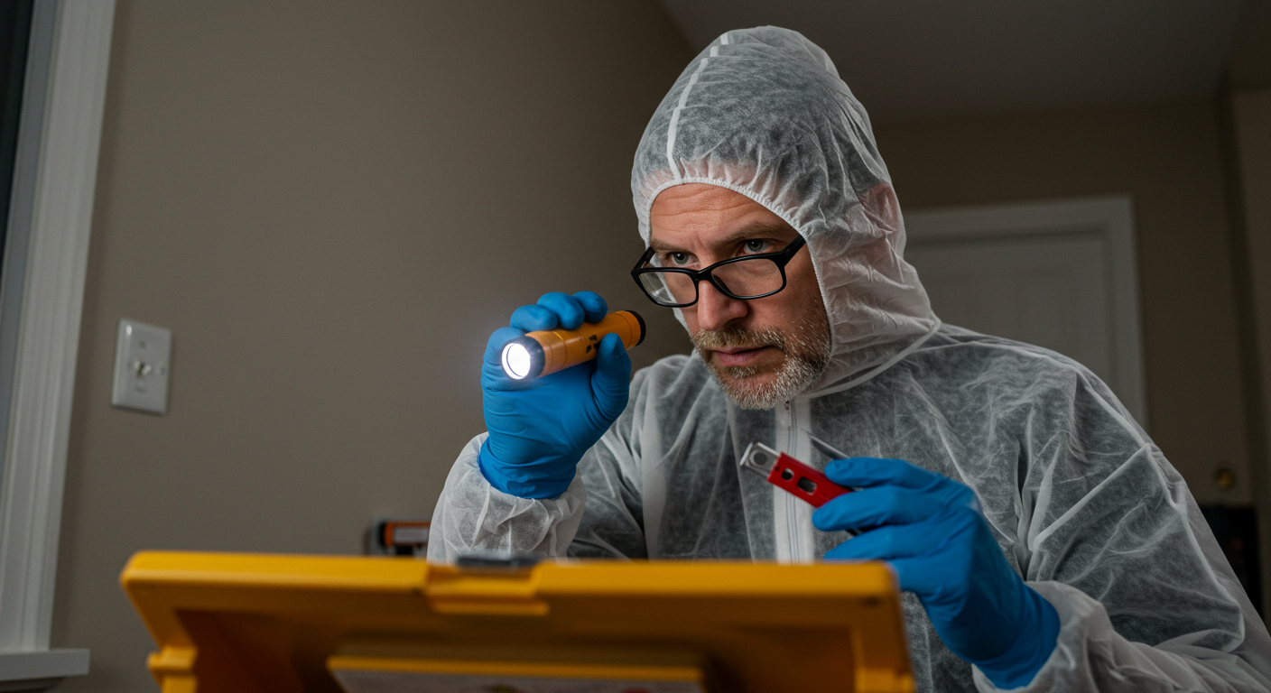 A professional mold remediation technician inspecting a home for mold, using a flashlight and tools. The technician is focused and attentive, showcasing the thoroughness of the inspection process.