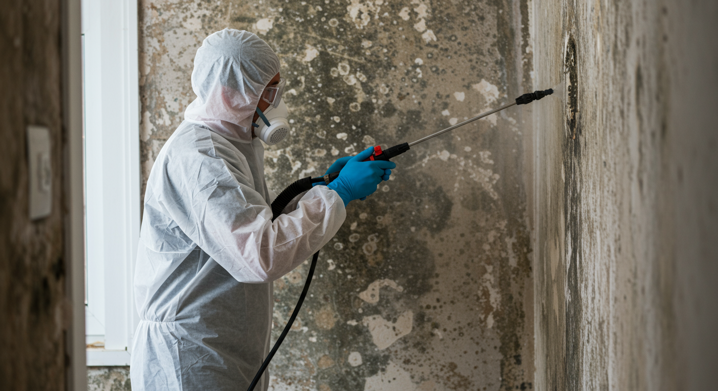A professional mold remediation technician in protective gear is actively treating a wall affected by mold in a residential home.