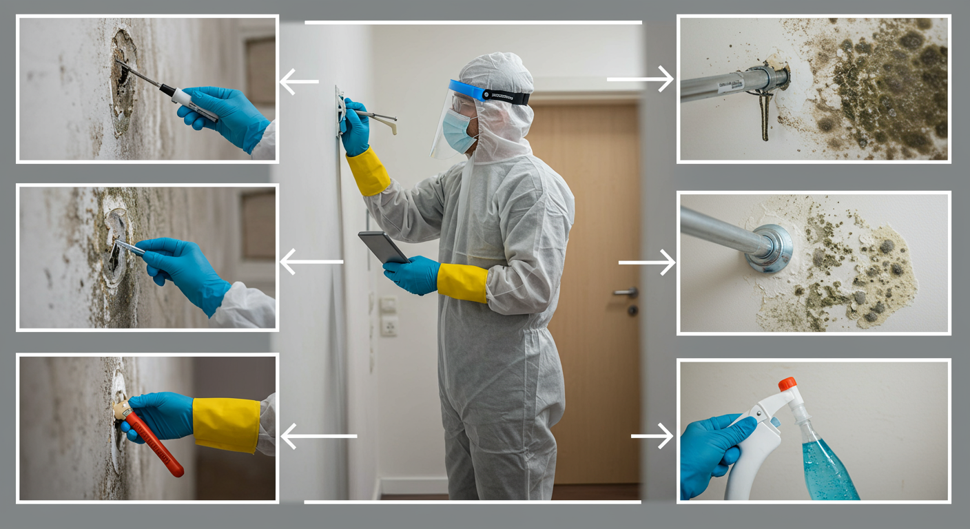 A step-by-step visual representation of the mold treatment process. The image captures a professional wearing protective gear, inspecting a wall for mold, followed by scenes of mold removal and application of treatment solutions.