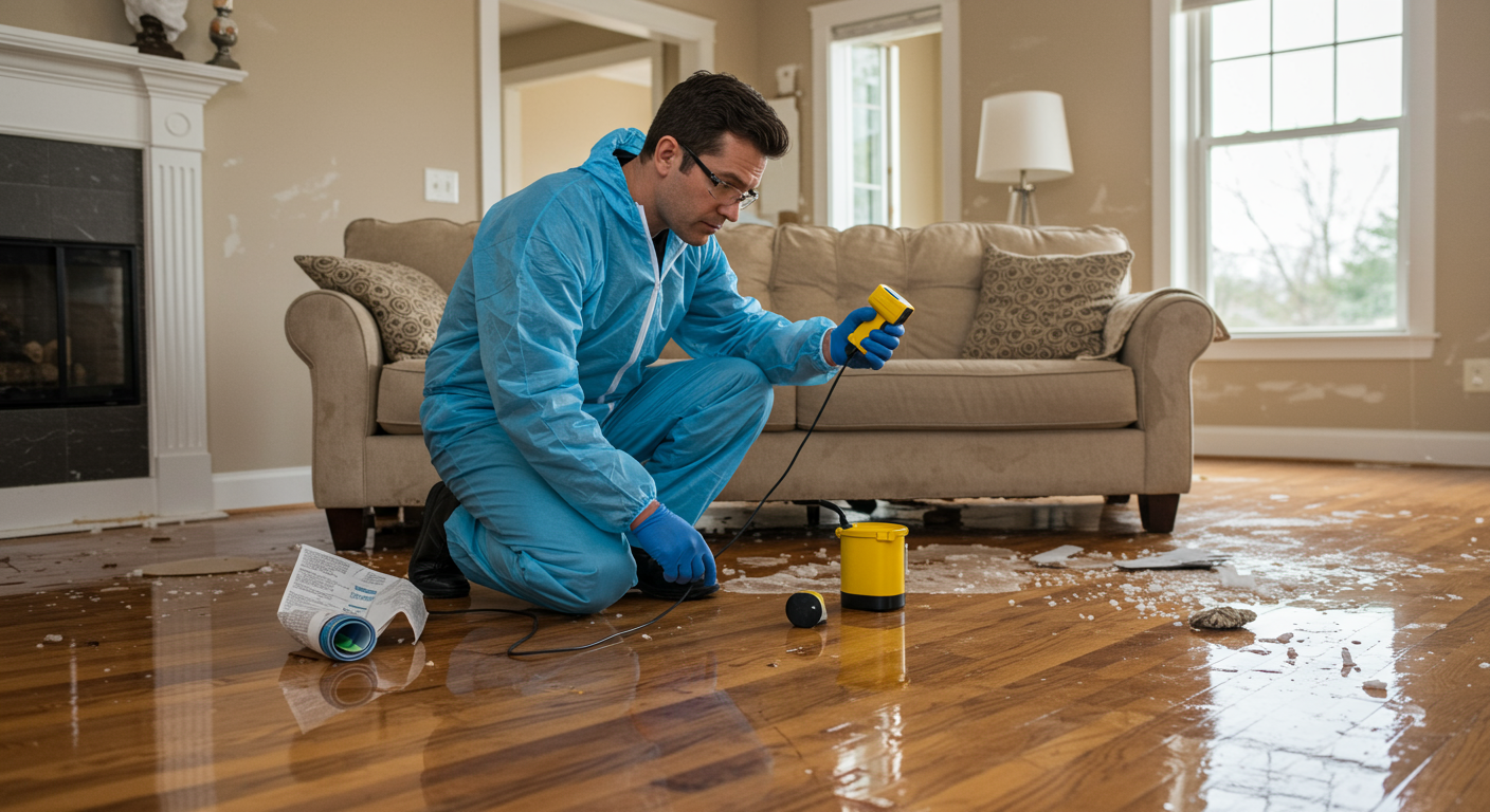 A professional water damage restoration technician inspecting a flooded living room, with visible water pooling on the floor and damaged furniture. The technician is using a moisture meter to assess the extent of the damage.