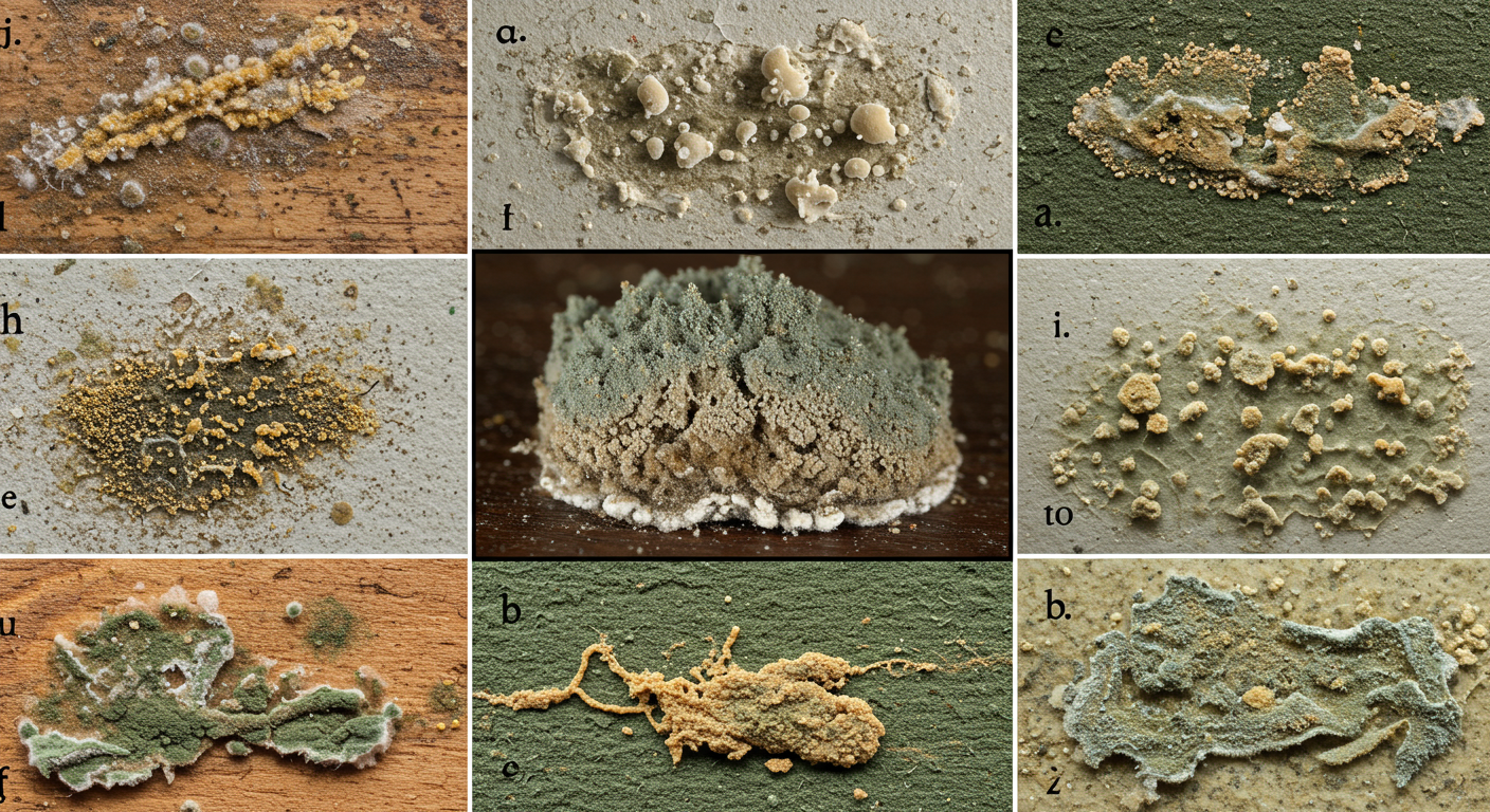 A close-up image showcasing different types of mold on various surfaces, including wood, drywall, and fabric. The molds should be distinctly visible, highlighting their textures and colors.