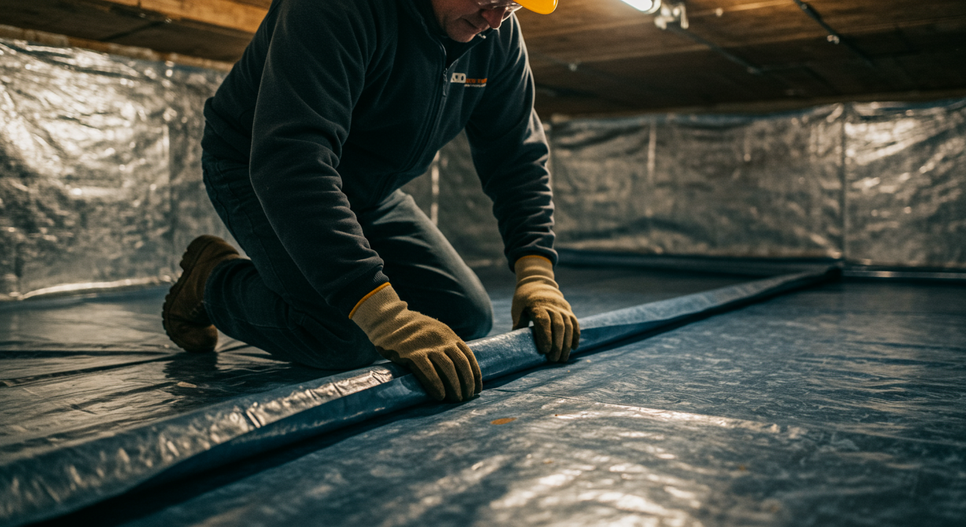 A technician in protective gear is kneeling in a well-lit crawl space, applying a vapor barrier to the ground. The focus is on the technician's hands as they carefully seal the edges of the barrier.
