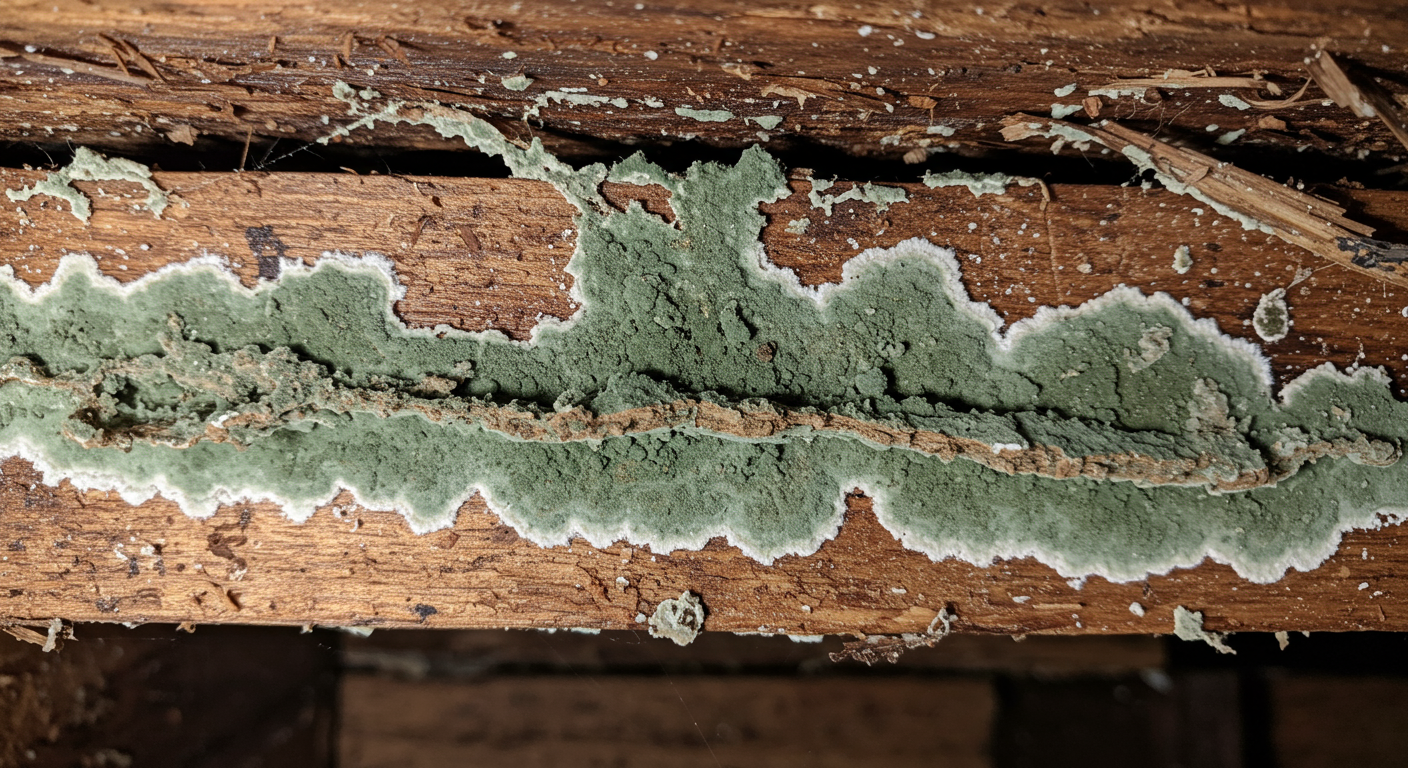 A close-up view of mold growth on wooden beams in a crawlspace, highlighting the texture and color variations of the mold.