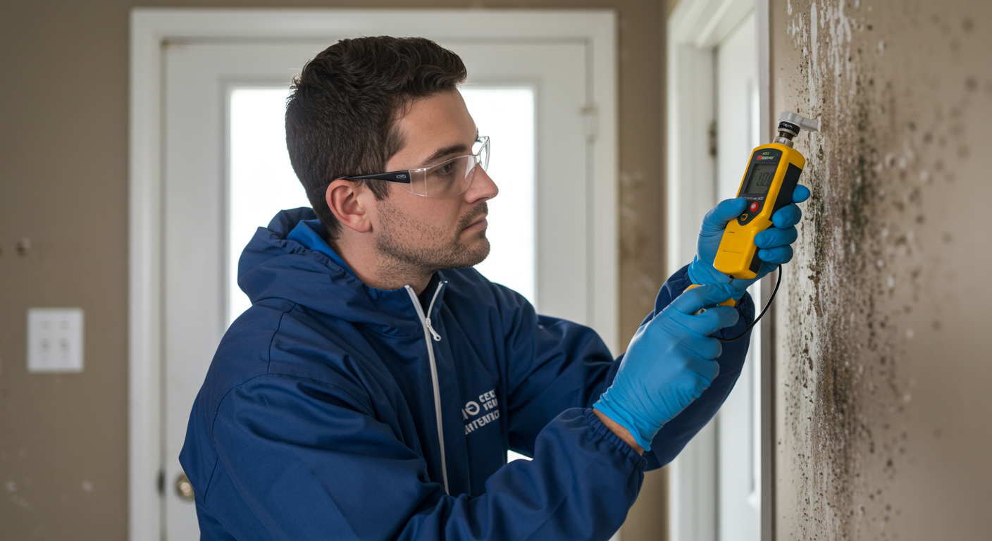 A professional mold inspector examining a wall in a residential home using a moisture meter.