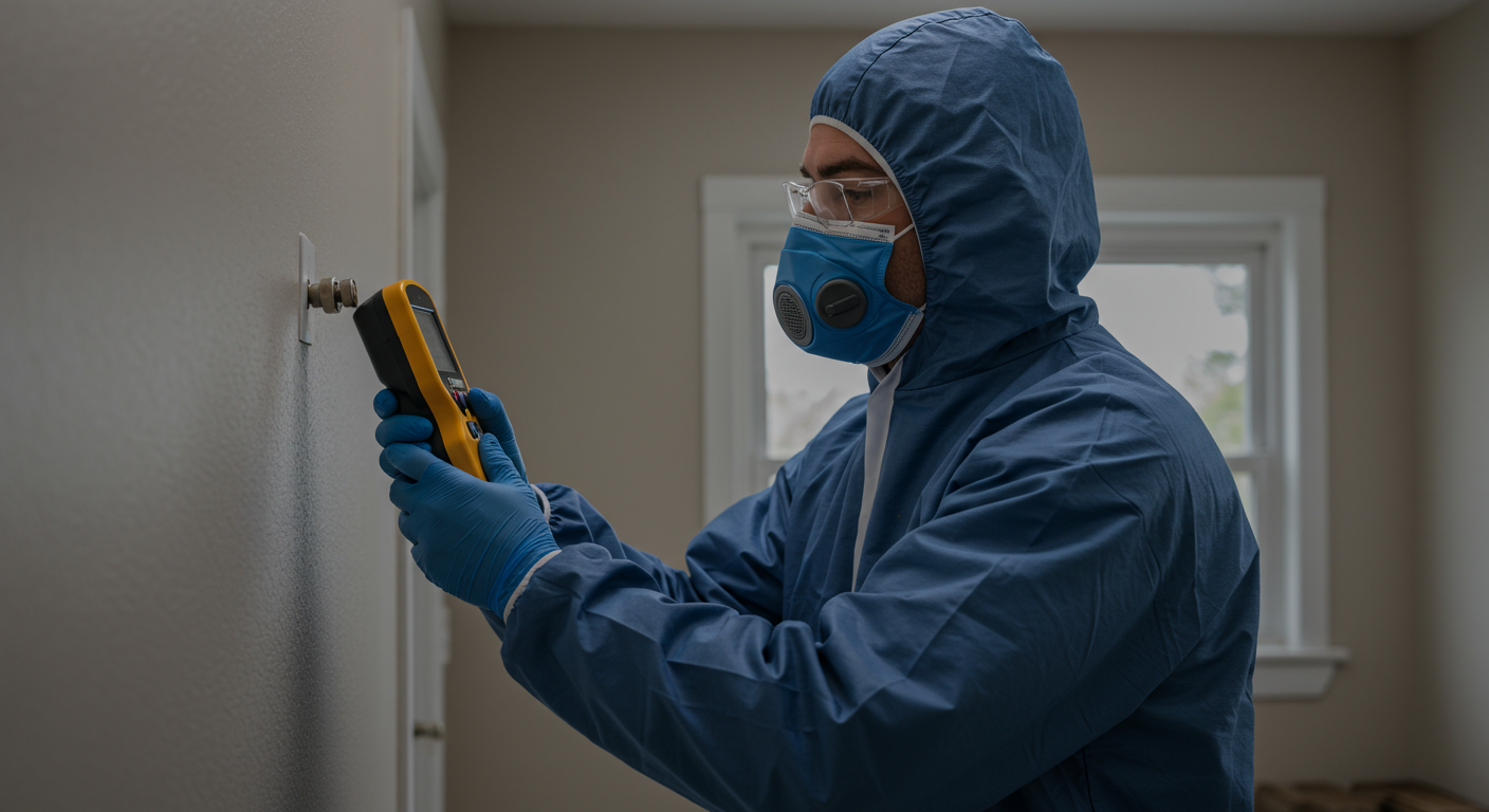 A professional mold inspector examining a wall with a moisture meter, showcasing the inspection process in a residential setting. The inspector is wearing protective gear, emphasizing safety.