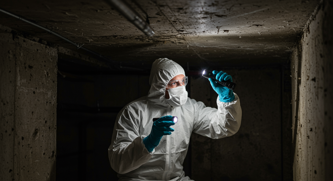 A professional mold remediation technician in protective gear inspecting a home for black mold.