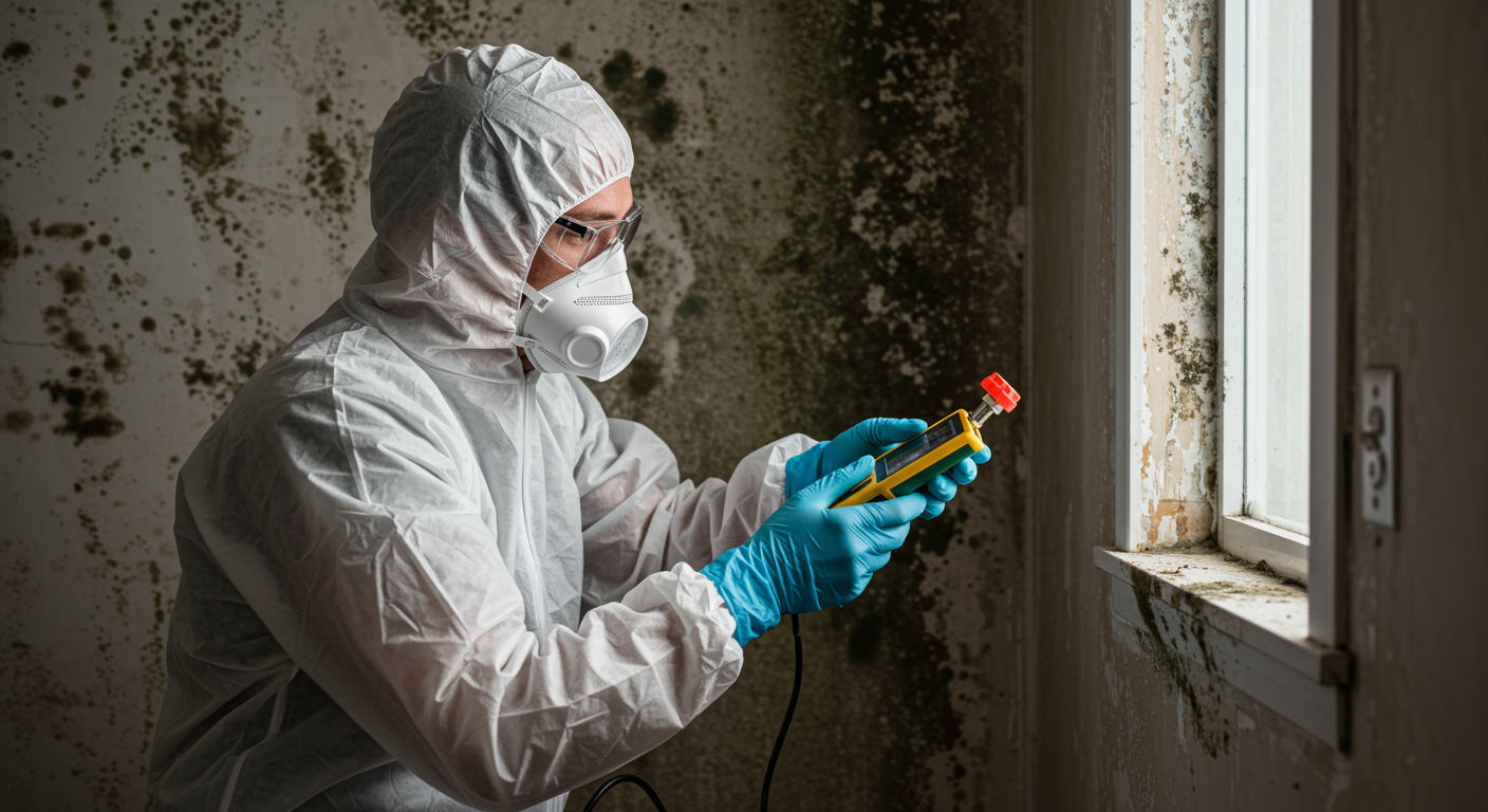 A professional mold remediation technician in protective gear inspecting a damp wall with visible mold growth. The technician is using a moisture meter to assess the extent of the mold problem.