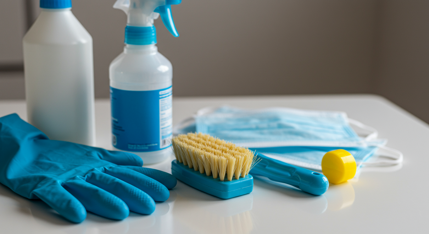 Essential mold removal tools laid out on a clean surface, including a spray bottle with a cleaning solution, a scrub brush, gloves, and a mask.