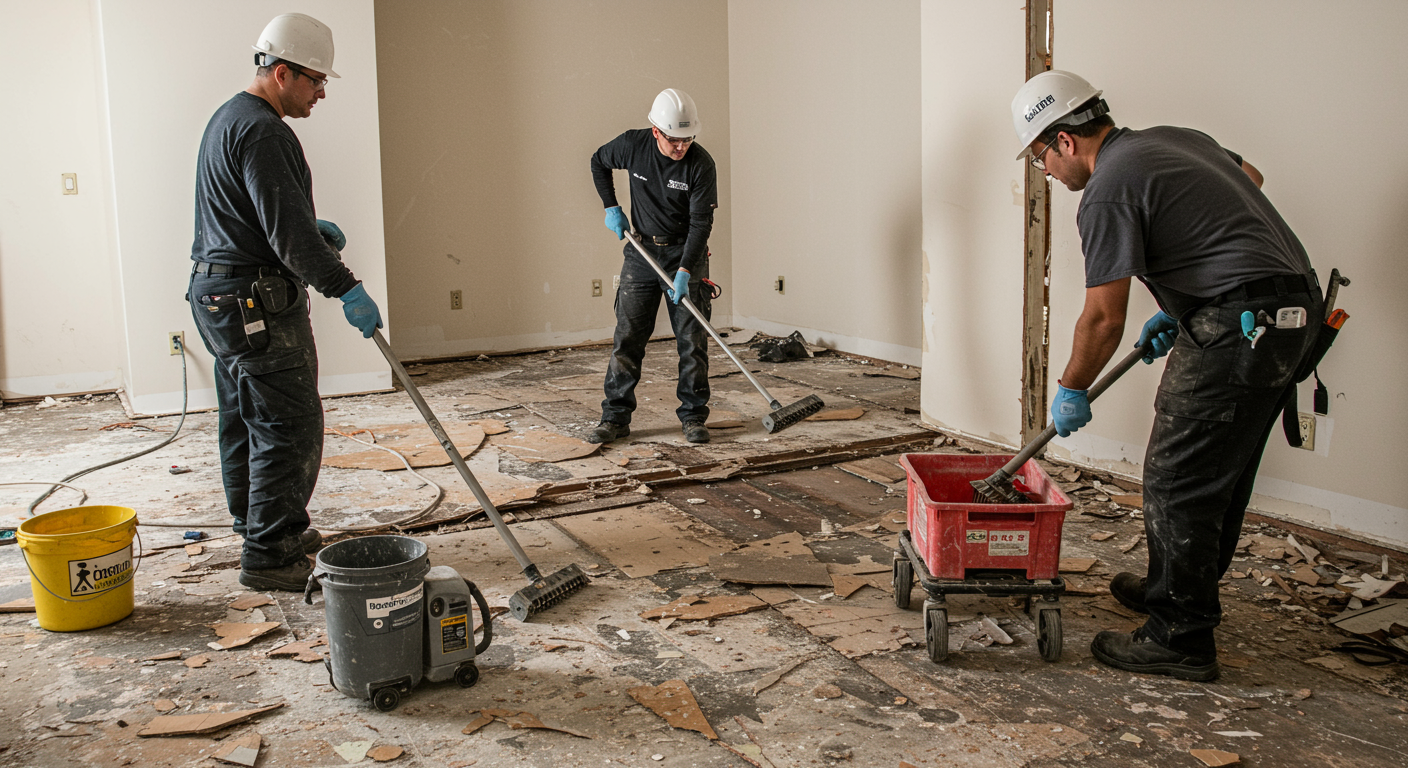 A team of restoration professionals working together to remove damaged flooring and drywall. Tools and equipment are visible, showcasing the active restoration process.