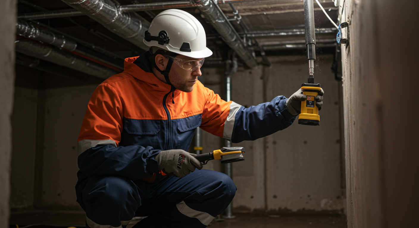 A professional technician in safety gear inspecting a damp basement with moisture detection equipment. The technician is focused and engaged, showcasing expertise in moisture remediation.