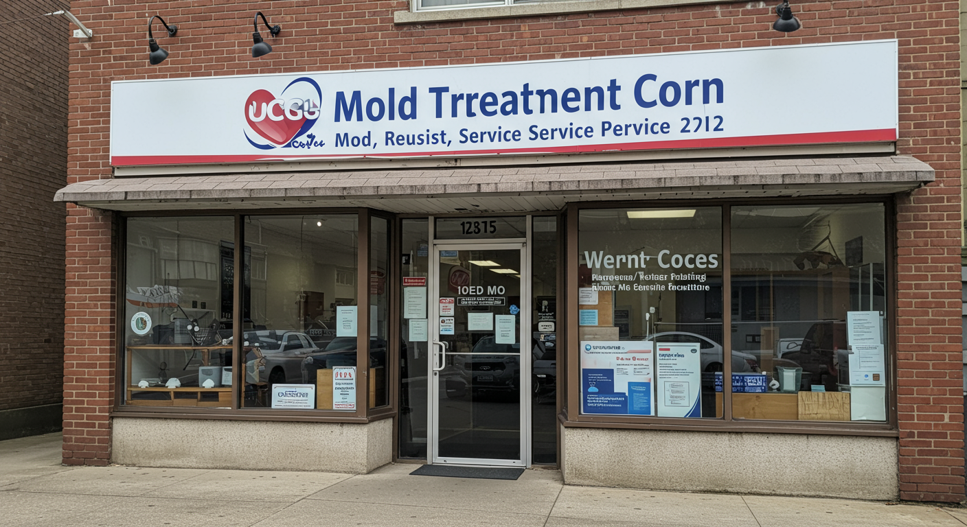 A storefront of a local mold treatment service provider, with a welcoming entrance and signage. This image represents local expertise and accessibility.