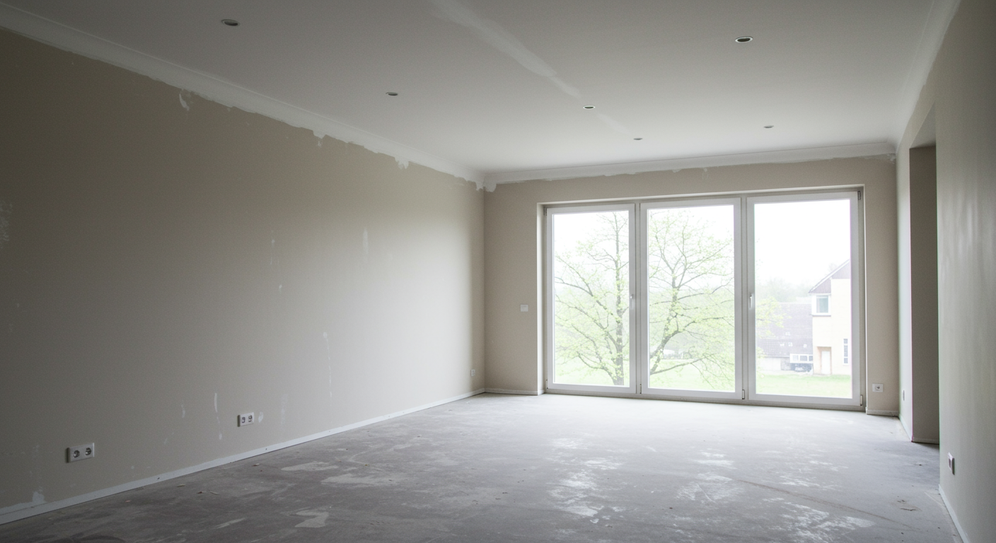 A beautifully renovated room with a smooth, freshly painted ceiling, showcasing the transformation. Natural light pours in through large windows, enhancing the room's appeal.